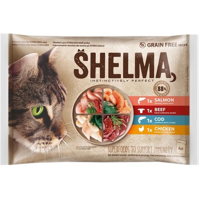 Shelma Cat kuřecí hovězí losos treska 4 x 85 g
