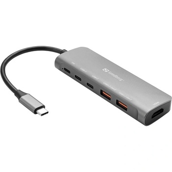 Sandberg USB-C Dock HDMI + 2xUSB-A + 2xUSB-C + PD100W Жичен USB 3.2 Gen 1 (3.1 Gen 1) Type-C Алуминий (136-65)