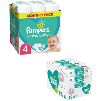 Pampers Бебешки пелени Pampers Active Baby - Размер 4, 180 броя + мокри кърпички Sensitive, 12 x 52 броя (TYBB0066134N)