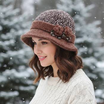 Зимна плетена шапка в кафяви нюанси с цветя