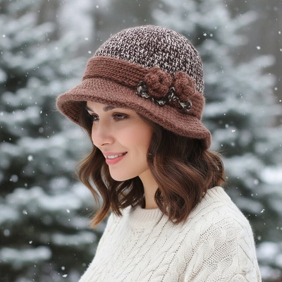 Зимна плетена шапка в кафяви нюанси с цветя