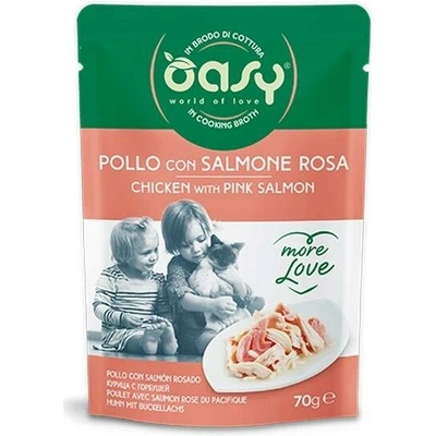 Oasy Cat More Love Adult Kuřecí filety s růžovým lososem ve vývaru 70 g
