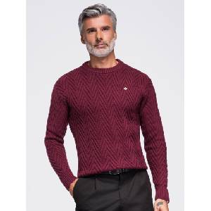 Ombre Clothing Мъжки пуловер от плетене с зигзагообразен мотив - винен V3 OM-SWSW-0190 Ombre Clothing Ombre Clothing | Cherven | МЪЖЕ | S