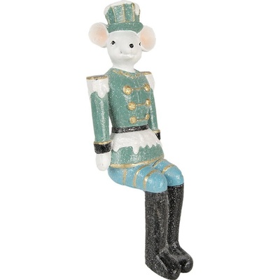Clayre & Eef Zeleno-modrá dekorace sedící socha Myška v uniformě - 10*7*19 cm