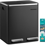SONGMICS kitchen trash can, 2 x 15 liters, waste separation system 2 compartments, including 15 trash bags, trash can, pedal bin, recyclable waste, organic waste, soft close lid, ink black LTB30BK (LTB30BK)