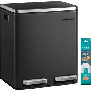 SONGMICS kitchen trash can, 2 x 15 liters, waste separation system 2 compartments, including 15 trash bags, trash can, pedal bin, recyclable waste, organic waste, soft close lid, ink black LTB30BK (LTB30BK)
