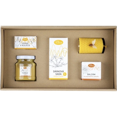 Pleva Pozdrav od včel Propolis v medu 250 g, Mýdla s včelími produkty 3 x 20 g, Balzám na popraskanou pokožku 30 g, semínkové kuličky Louka v kuličce 1 balení6 ks, Svíčka ze včelího výška 6,7 – Zbozi.Blesk.cz