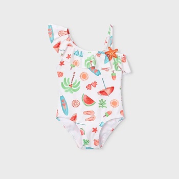 MAYORAL Цял бански костюм с асиметрични презрамки бял с цветни плажни елементи за мини момиче Mayoral