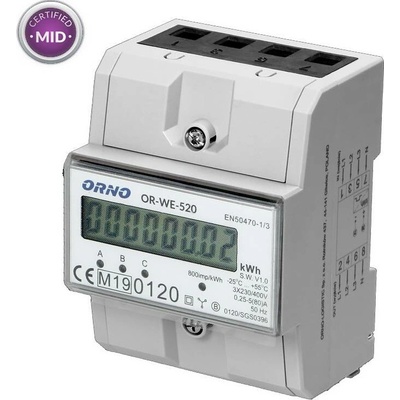 3-fázový indikátor spotřeby elektrické energie, 80A, 3 moduly, DIN TH-35mm
