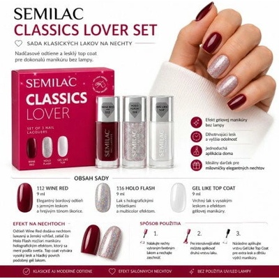 Semilac Set 112 Wine Red lak na nechty 9 ml + 116 Holo Flash Silver trblietavý lak na nechty 9 ml + Top Gel Like vrchný lak na nechty 9 ml kozmetická sada