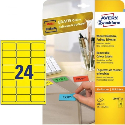 Etikety Avery odnímateľné 63,5x33,9 mm, žlté