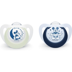 Nuk Силиконови залъгалки NUK - Mickey Night & Day, 6-18 месеца, 2 броя, Бяло и Синьо + кутийка за съхранение и стерилизация (10176329-Бяло/Синьо)