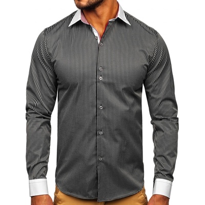 Čierna pánska elegantná košeľa s dlhými rukávmi, s pruhovaným vzorom Bolf 4785