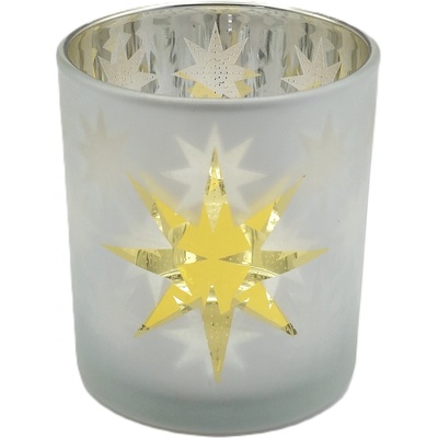 BKS Decor Svícen se zlatými hvězdami satinovaný malý 7x7x8 cm sklo 230305