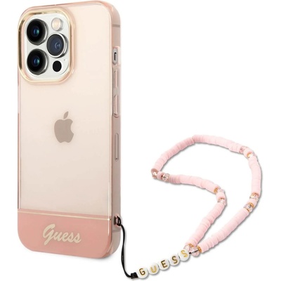 GUESS Camera Outline Case with Strap - дизайнерски кейс с висока защита и с връзка за iPhone 14 Pro (розов)