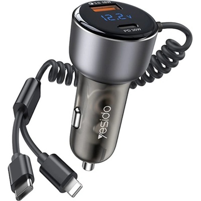 YESIDO USB зарядно за кола USB, Type-C, 60W - Yesido (Y58) - Сиво