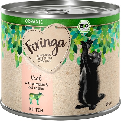 Feringa 6x200г Organic Kitten Feringa, консервирана био храна за котки - телешко с тиква и подъбиче