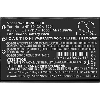 Cameron sino FUJI NP60 LiIon - Батерия за фотоапарат, 3.7 V, 1050 mAh Cameron Sino; CS-NP60FU (CS-NP60FU)
