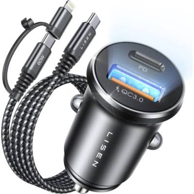 Lisen Зарядно за кола (YL0223080035) - Lisen - USB, Type-C, с 3в1 Type-C/Lightning към Type-C кабел, 12V/24V - Черно