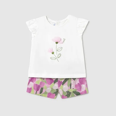Mayoral Комплект бермуди принт цветя лилав цвят и бяла тениска за мини момиче Майорал