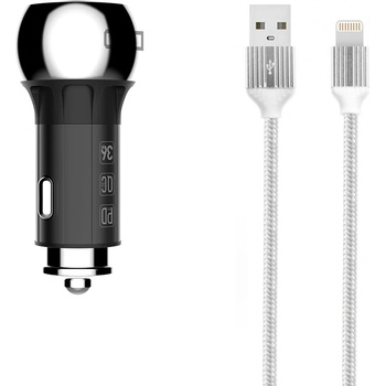 LDNIO Зарядно устройство за кола LDNIO C1, 1xUSB QC3.0, 1xType-C PD, С Lightning кабел, Сив - 40077 (40077)