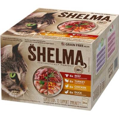 Shelma kapsičky s kuřecím, hovězím, kachním a krůtím pro kočky 24 x 85 g