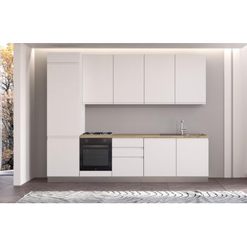 ARES Права кухня irene, лява, 300 см, лице бяло, плот дъб кадиз и бял гръб (0whfbi013bis)