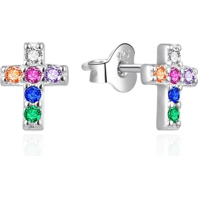 Agato Stříbrné náušnice Křížek s barevnými zirkony AGT-E169PC