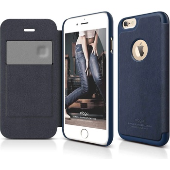 elago S6 Leather Flip Apple Cut Case Limited Edition - луксозен кожен кейс от естествена кожа + HD покритие за iPhone 6, iPhone 6S (тъмносин)