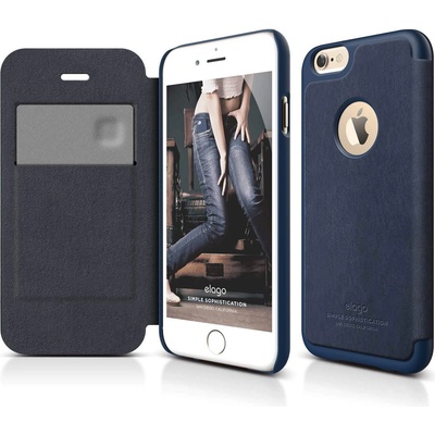 elago S6 Leather Flip Apple Cut Case Limited Edition - луксозен кожен кейс от естествена кожа + HD покритие за iPhone 6, iPhone 6S (тъмносин)