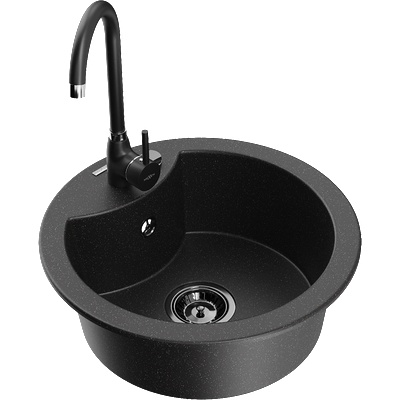 Mexen Diego гранитна мивка с 1 гнездо и кухненски смесител Telma, черен/сребрист - 6512-73-670200-70-B (6512-73-670200-70-B)