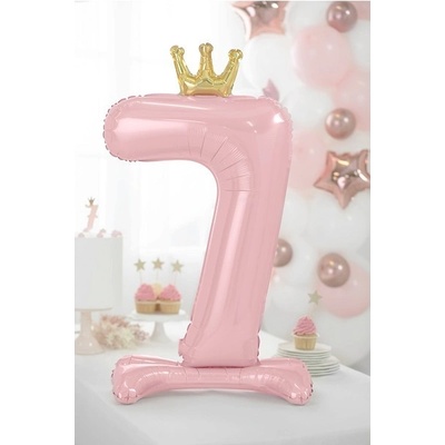PartyDeco Balónik fóliový stojacie číslo 7 s korunkou svetlo ružový 84 cm