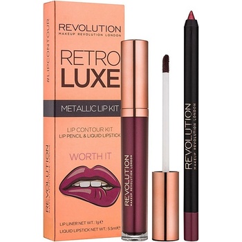 Makeup Revolution Комплект Makeup Revolution: Retro Luxe Metallic Течно червило Worth It 55 ml + Retro Luxe Молив за устни Worth It 1 g