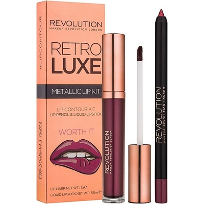 Makeup Revolution Комплект Makeup Revolution: Retro Luxe Metallic Течно червило Worth It 55 ml + Retro Luxe Молив за устни Worth It 1 g