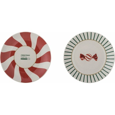Bloomingville Červeno-krémové dezertné taniere s vianočným motívom z kameniny v súprave 12,5 cm Yule 2 ks
