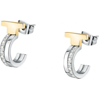 Trussardi Bicolor kruhové náušnice z ocele so zirkónmi T-Logo TJAXC35