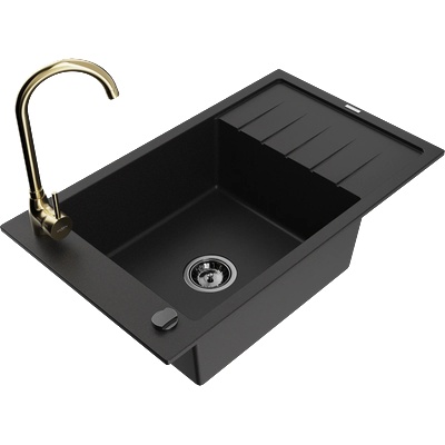 Mexen Elias гранитна мивка с 1 отделение с отцедник и кухненски смесител Telma, черен - 6511-77-670200-50-B (6511-77-670200-50-B)