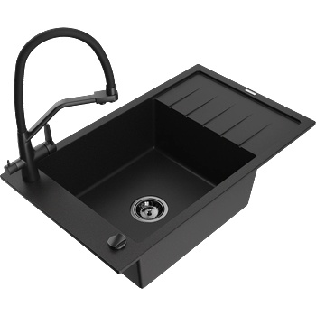 Mexen Elias гранитна мивка с 1 отделение и отцедник и кухненски смесител Duo, черен - 6511-77-671701-70-B (6511-77-671701-70-B)