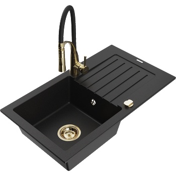 Mexen Pablo гранитна мивка с 1 камера и отцедник, и кухненски смесител Aster, черен - 6510-77-73450-57-G (6510-77-73450-57-G)