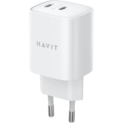Havit Захранване за ел. мрежа с 2xUSB-C изходи с технология за бързо зареждане - Havit GaN Dual Wall Charger USB-C 45W (бял) (UC45WEU)