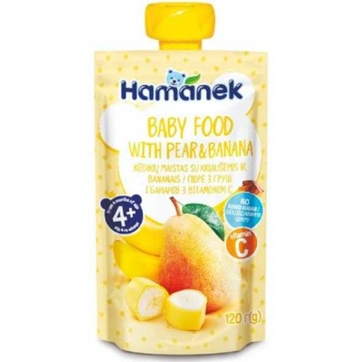 Hamanek Плодово бебешко пюре Hamanek - Пауч с круши и банан, 120 g (8595139780432)