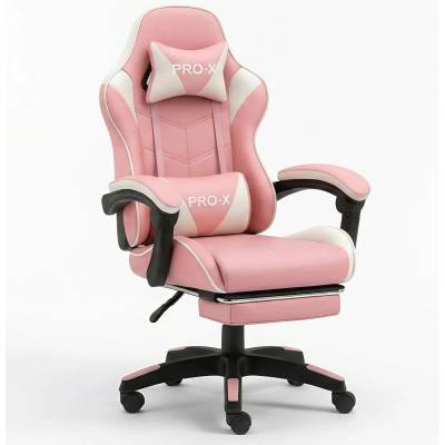 PRO-X Goborelax Геймърски стол с подложка за крака, масажна функция - бяло-розово (bm028)