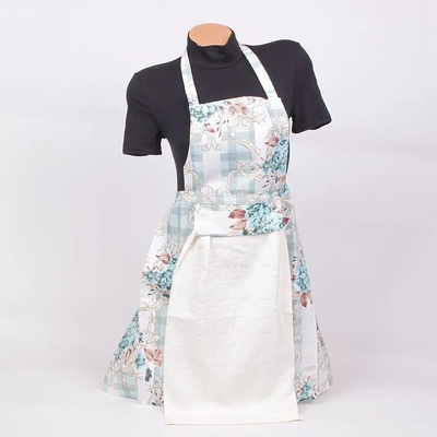 Готварска престилка в бяло и тюркоазено с цветя и кърпа