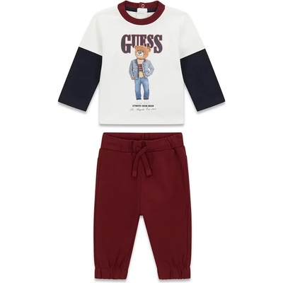 Guess Бяла тениска с мече с тъмно сини ръкави и спортен вишнав панталон за бебе момче Guess