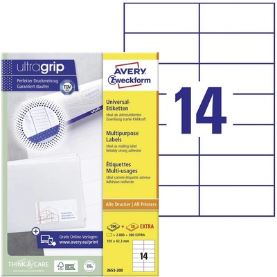 Avery-Zweckform 3653-200 105 x 42.3 mm papier biela 3080 ks trvalé univerzálne etikety laser
