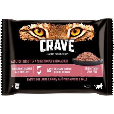Crave 4х85г Crave, консервирана храна за котки - пастет със сьомга и пилешко + пуешко