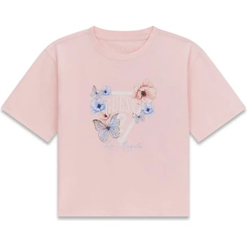 GUESS Розова тениска за момиче с бяло лого и цветя Guess