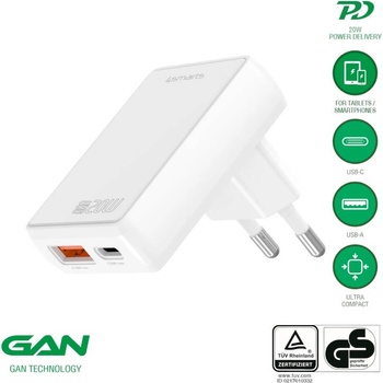 4smarts Захранване за ел. мрежа за мобилни устройства с USB-A и USB-C изходи и с технология за бързо зареждане - 4smarts GaN latPlug Duos 20W Wall Charger (бял) (546020)