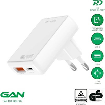 4smarts Захранване за ел. мрежа за мобилни устройства с USB-A и USB-C изходи и с технология за бързо зареждане - 4smarts GaN latPlug Duos 20W Wall Charger (бял) (546020)