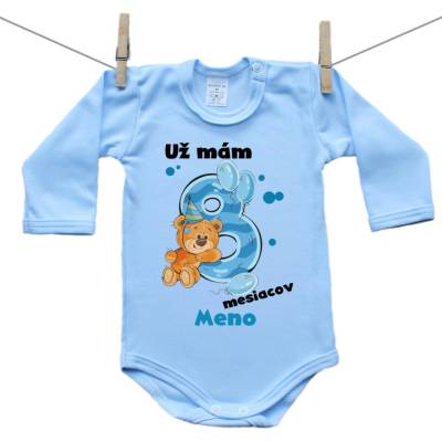 Boodyy Modré body s dlhým rukávom Už mám 8 mesiacov s Medvedíkom a menom dieťatka Chlapec